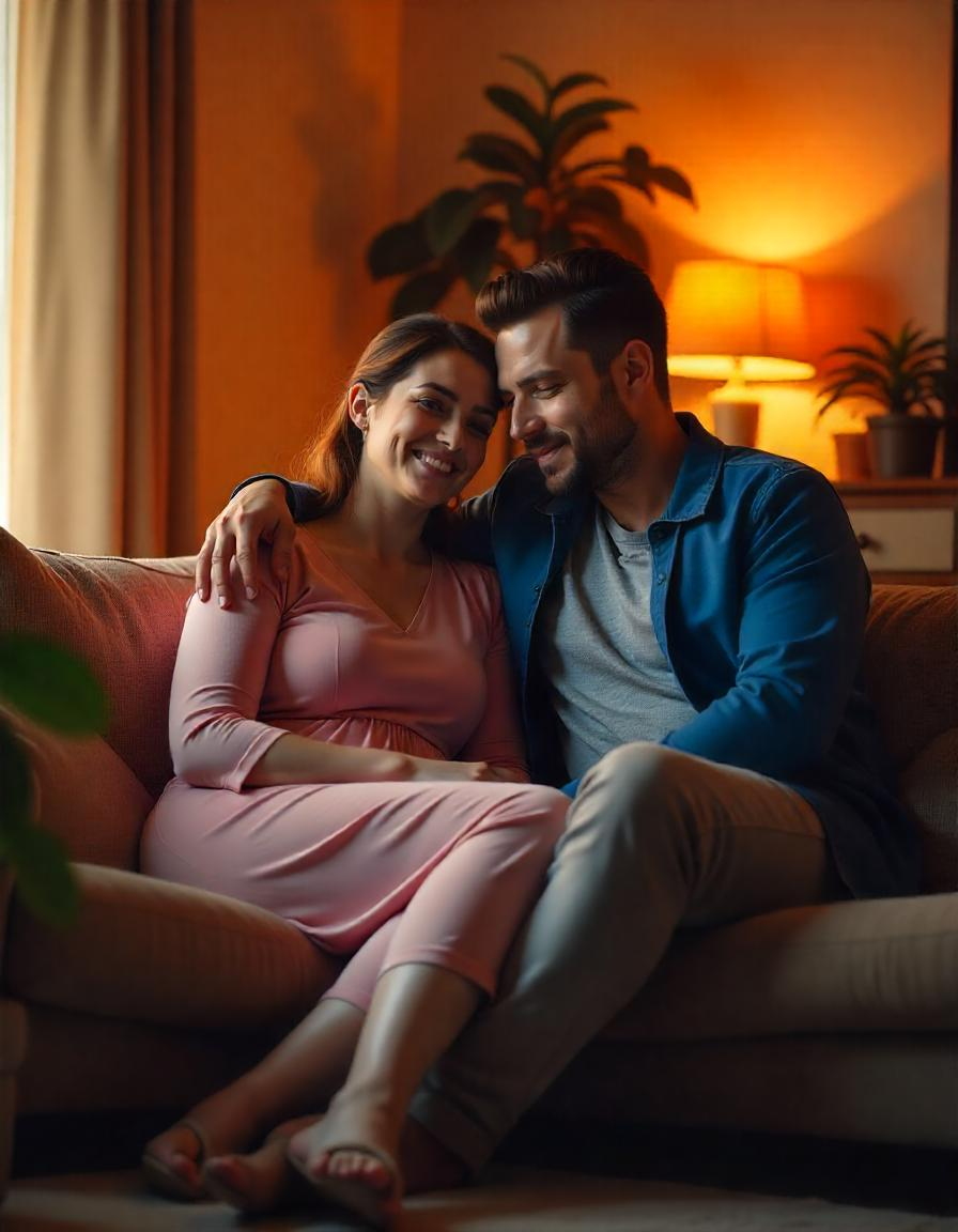 A couple sitting closely on a cozy sofa, sharing a warm, intimate moment connected to Mutual Climax