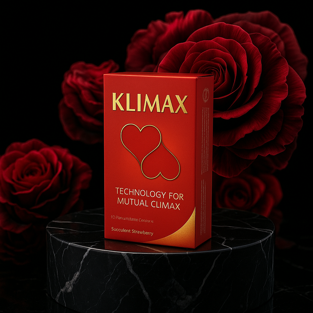 KLIMAX condom box displayed with roses, highlighting technology for Mutual Climax