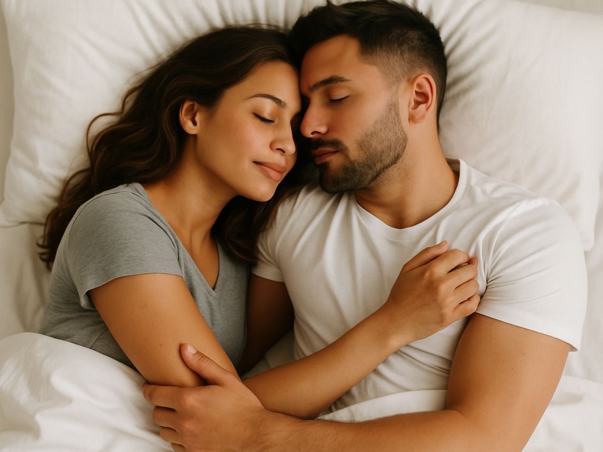 Couple cuddling peacefully in bed, reflecting intimacy and connection for Mutual Climax