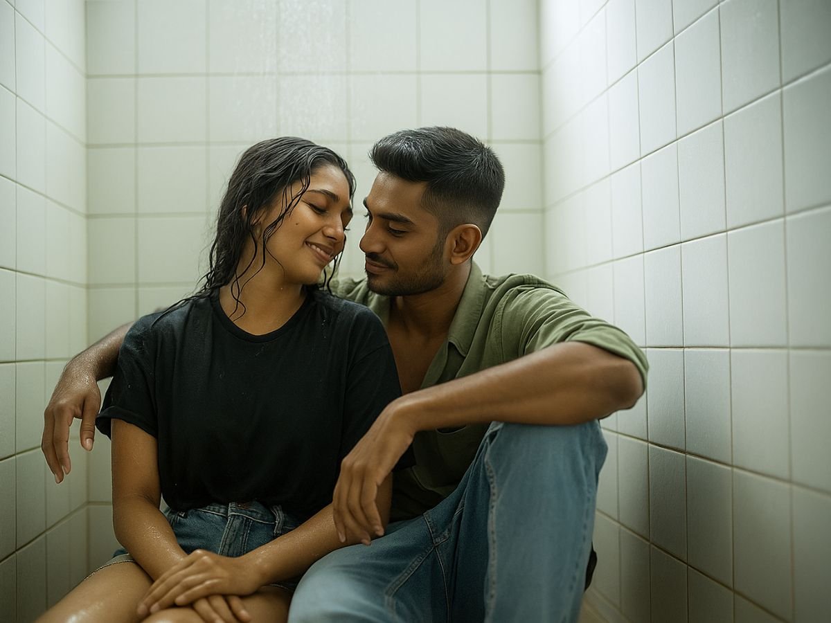 A couple sitting under a shower, enjoying closeness and connection with Mutual Climax.
