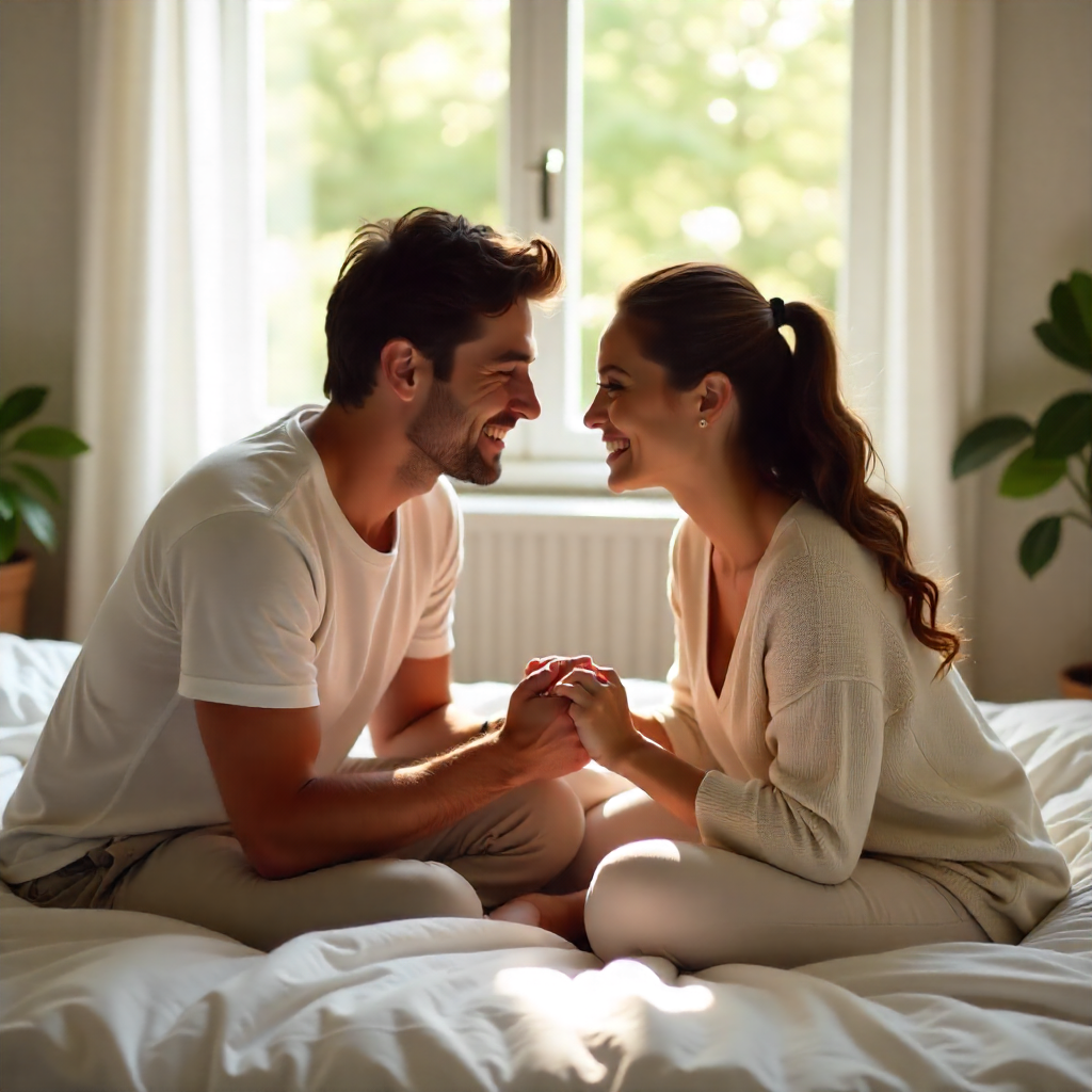 Couple cuddling peacefully in bed, reflecting intimacy and connection for Mutual Climax
