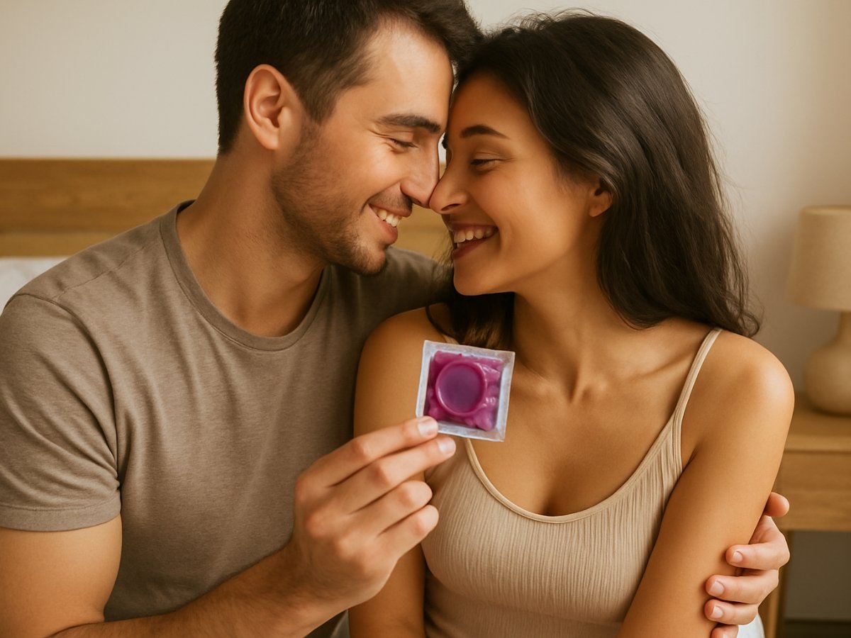 Couple smiling closely while holding a condom, showing warmth, connection, and the idea of Mutual climax intimacy.