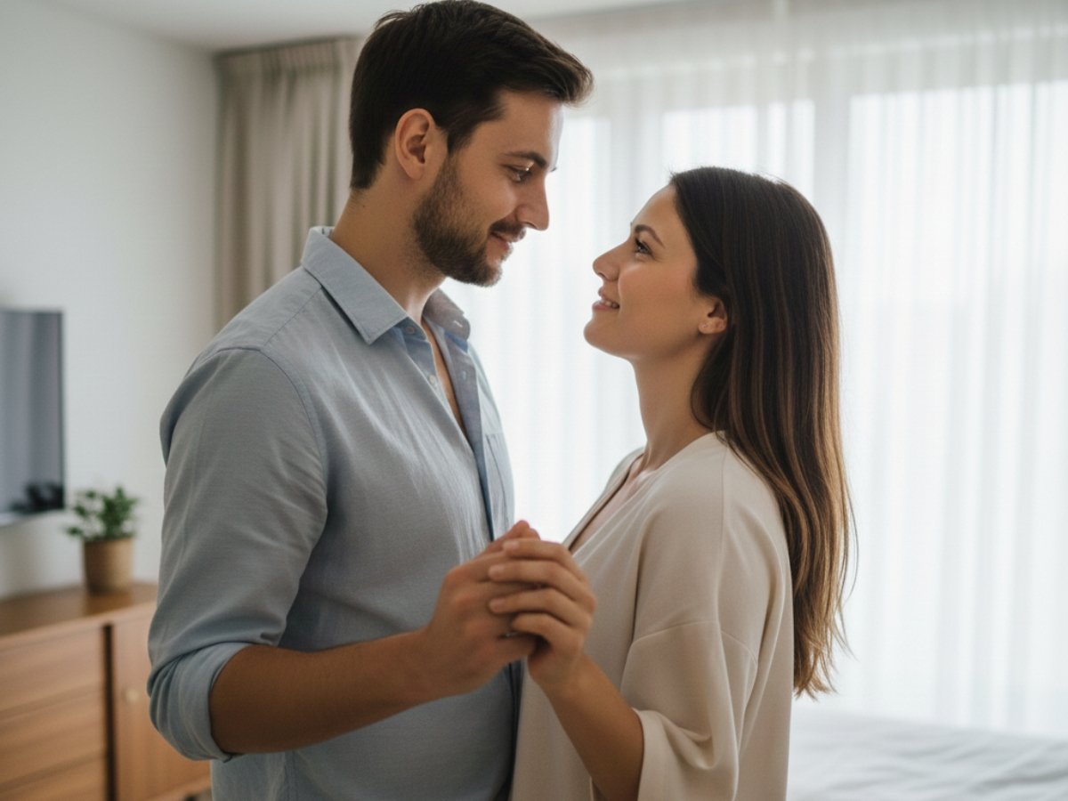 A couple standing indoors, holding hands and sharing a warm moment, symbolizing mutual climax, connection, and closeness.